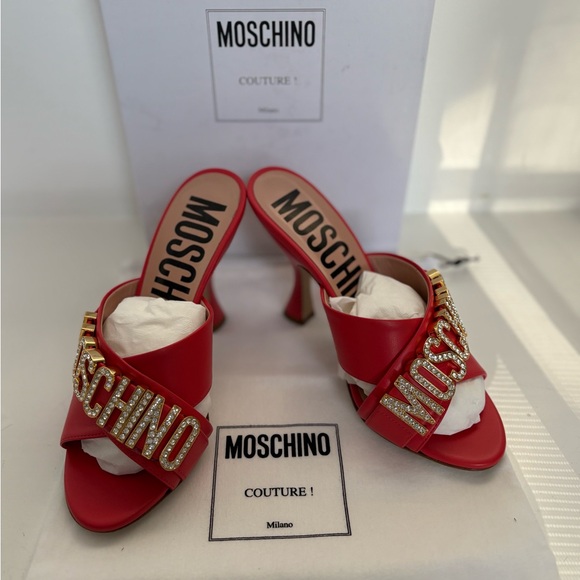 Moschino Couture Crystal Embellished Leather Mule Orange Sandal NWT Size 6 - Picture 6 of 14